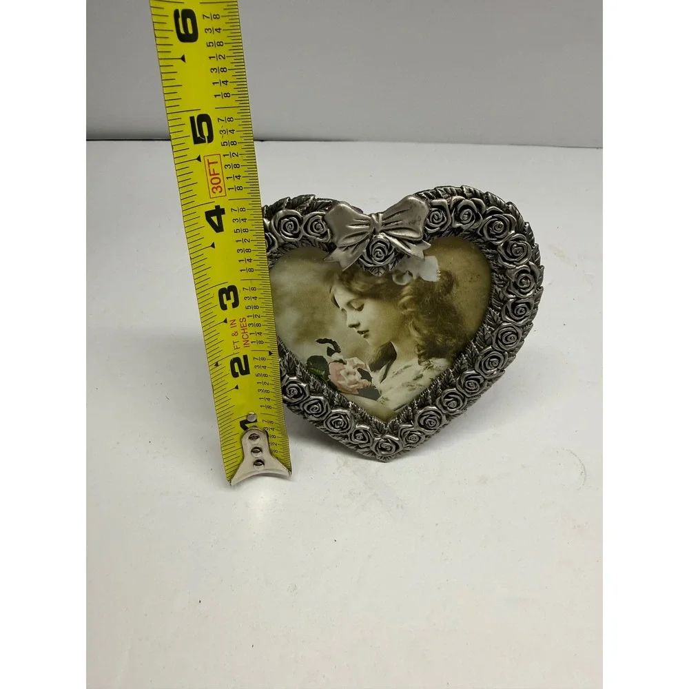 Vintage MT Silver Tone Heart Rose Bow Picture Frame Victorian Style Tabletop